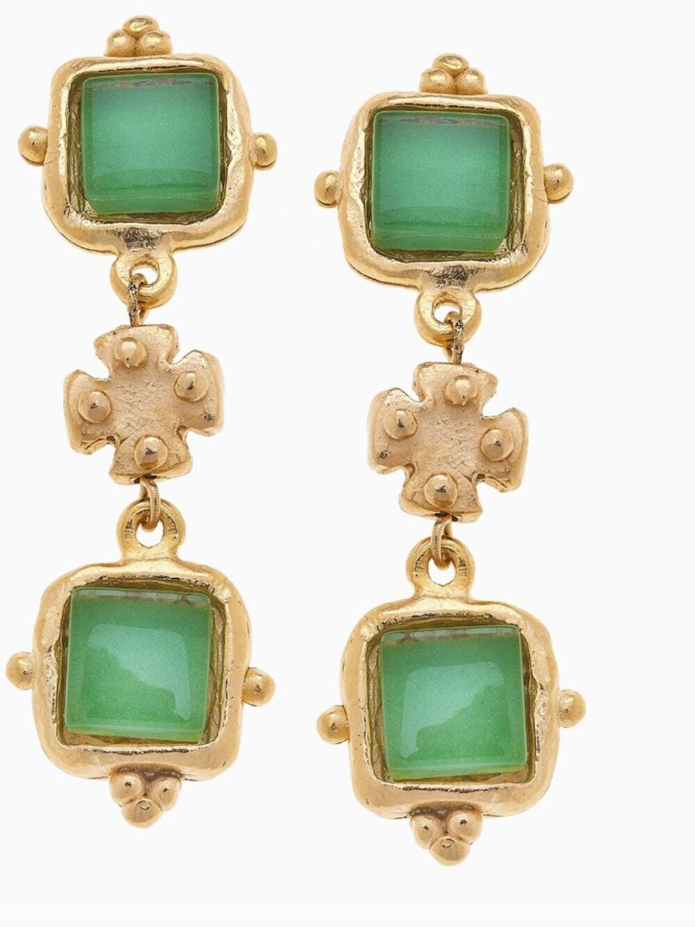 Timeless! Susan Shaw Charlotte Deux Tier French Glass Earrings Green - Picture 2 of 3